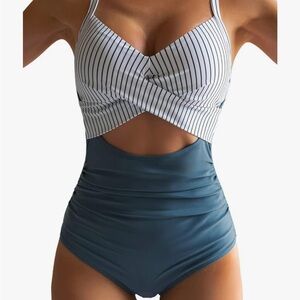 NWT Eomenie Blue And White/Black Striped Wrap Front Cut Out One Piece Swimsuit S